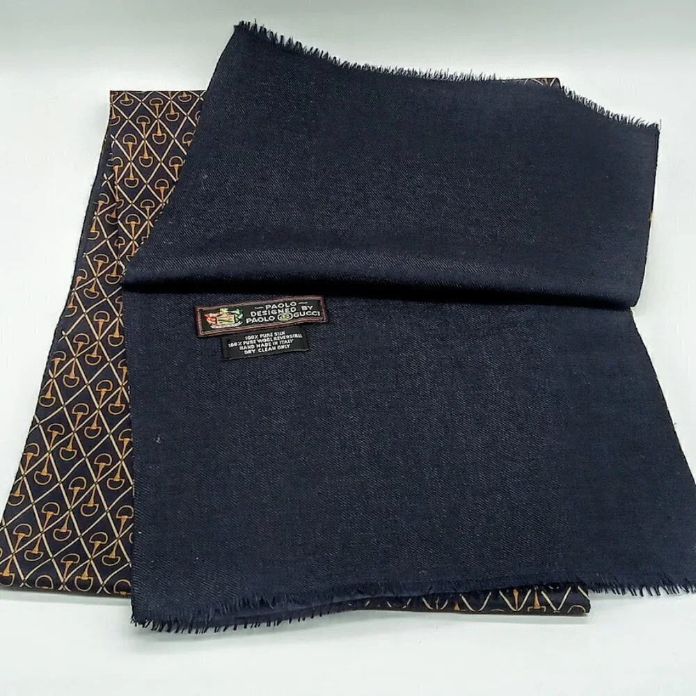 Paolo Gucci Italian Silk Wool Navy Blue Fringed Oblong Scarf